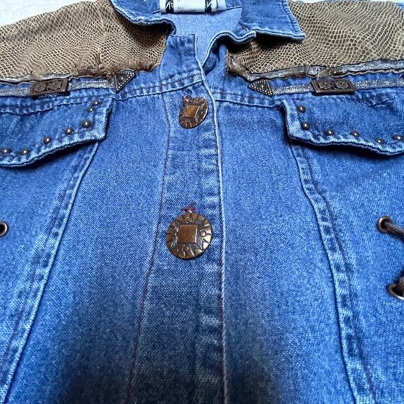 Nancy Bolen City Girl Button Front Blue Denim Jacket Size 8 Snakeskin Detail - Picture 9 of 10